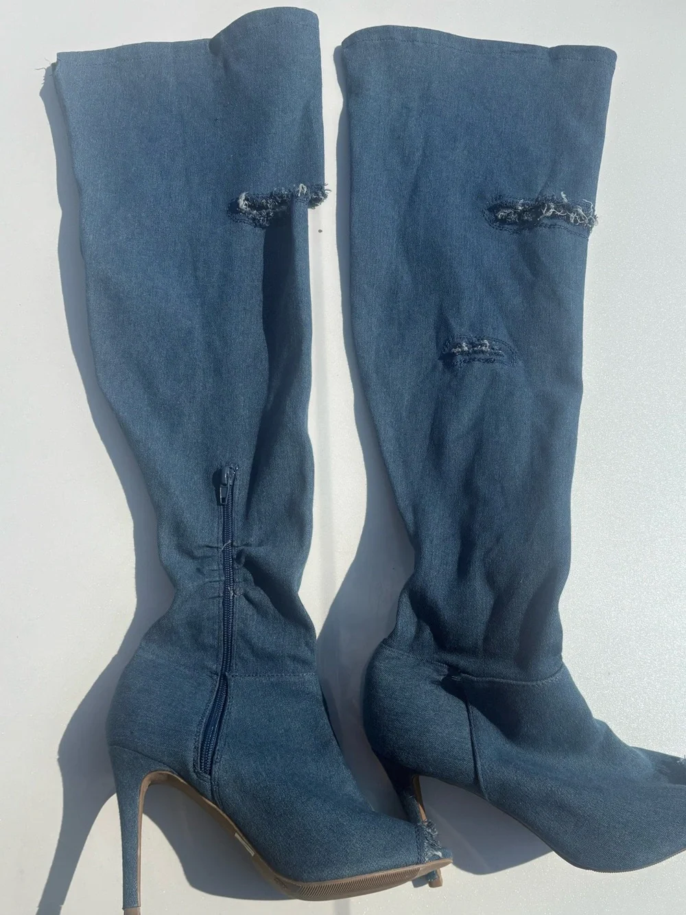 Women's Blue Knee-High Peep-Toe Stiletto Boots